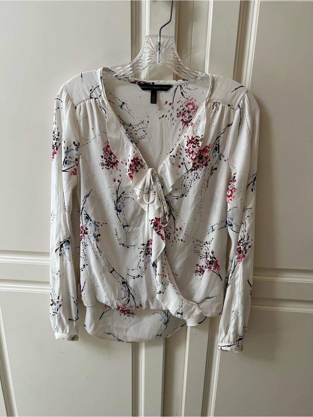 White House Black Market White Floral Tie-Front Blouse with Pink & Blue Accents